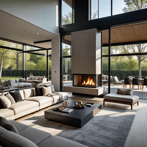 Luxury modern living room with indoor-outdoor fireplace featuring floor-to-ceiling glass walls