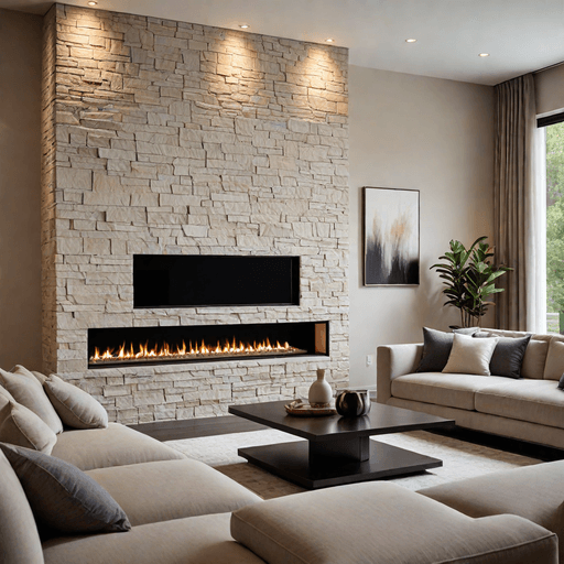 Modern living room with linear gas fireplace and floor-to-ceiling stone wall
