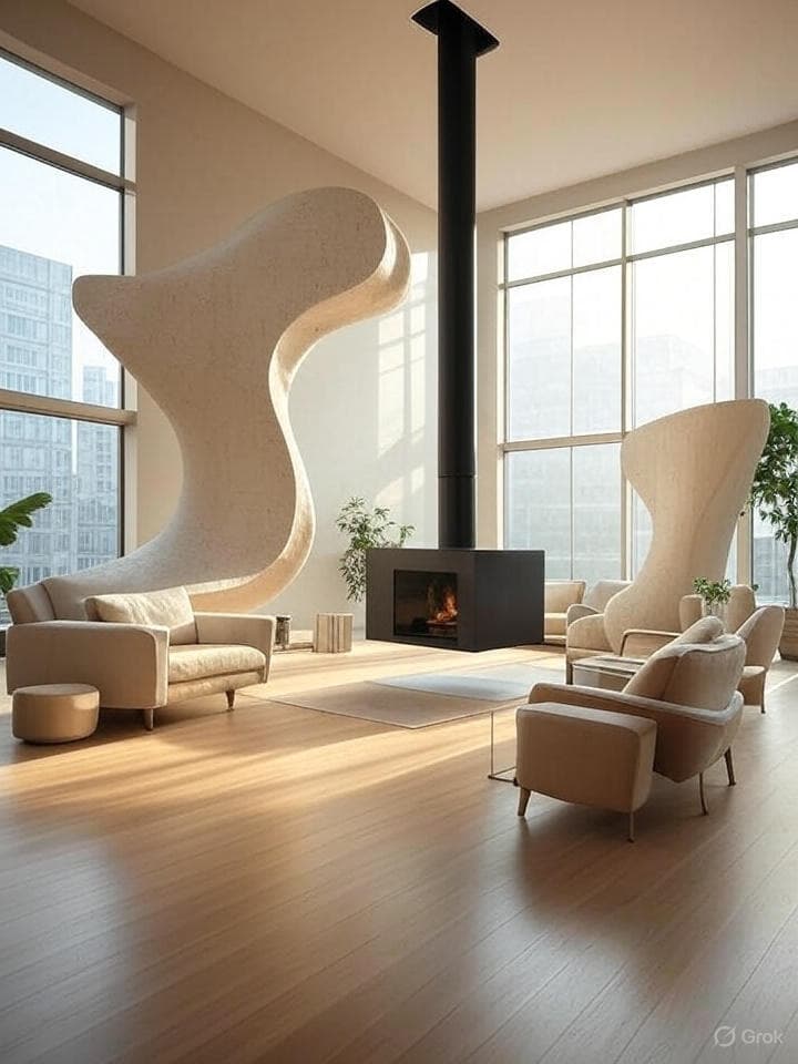 Ultra-modern living room with suspended hanging fireplace as artistic centerpiece