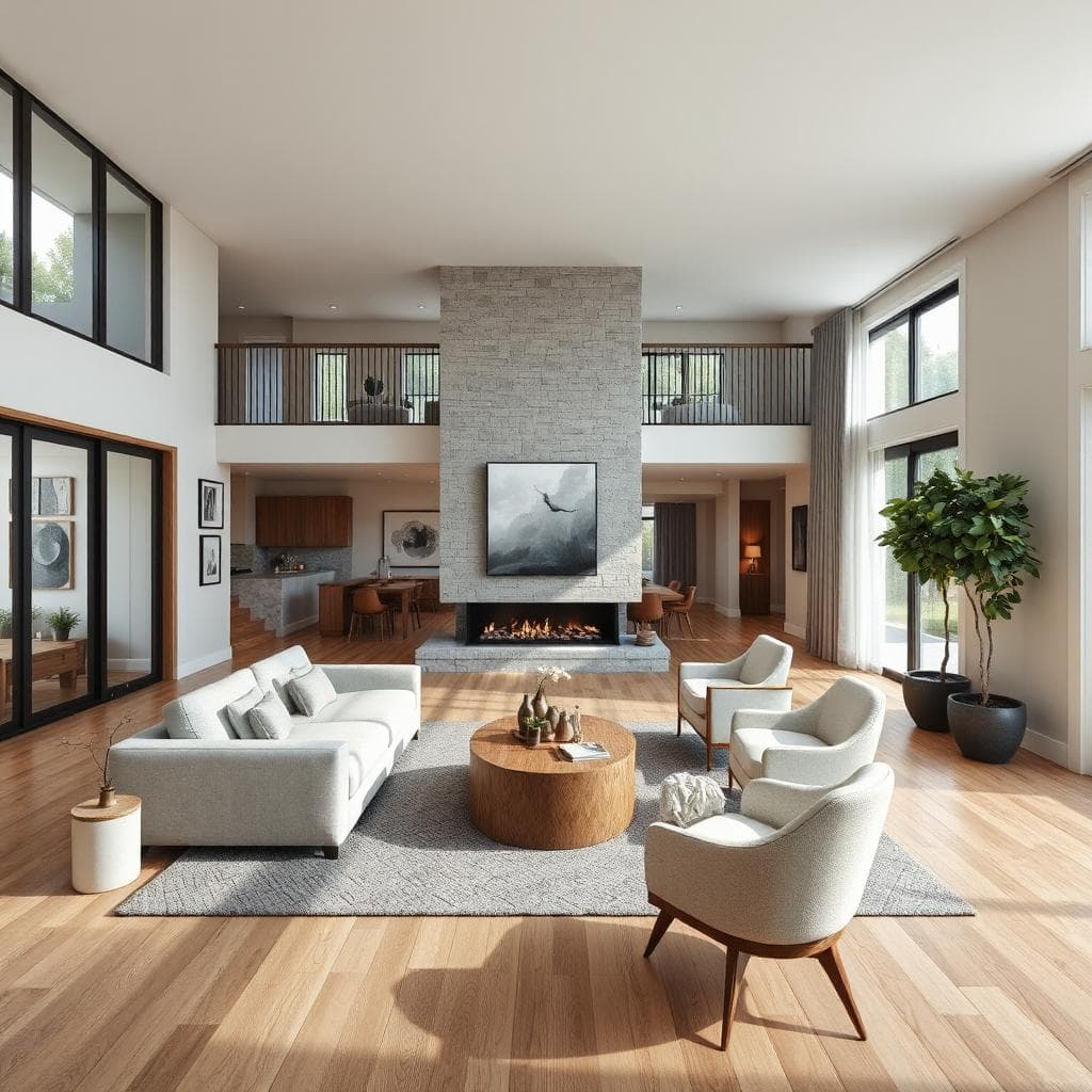 Open-plan home with elegant two-way fireplace connecting living room and dining area