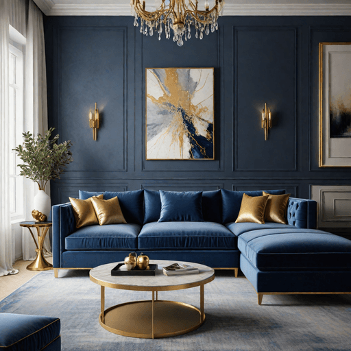 Classic royal blue velvet sectional sofa with gold accent pillows and coffee table