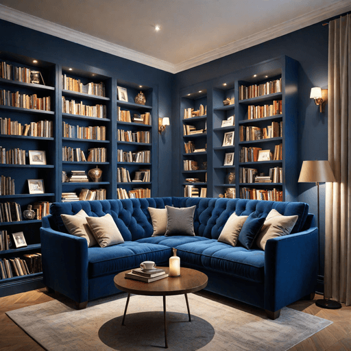 Royal blue corner sofa arranged in cozy reading nook with bookshelves and soft lighting