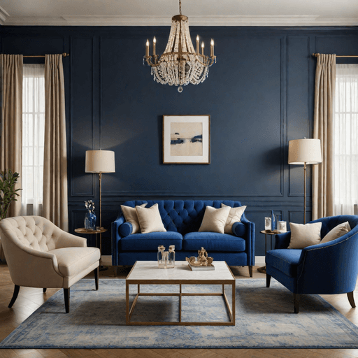 Royal blue loveseat paired with beige and cream armchairs in balanced living room arrangement