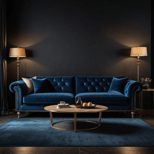 Royal blue sofa positioned against dramatic dark navy or charcoal walls with elegant lighting