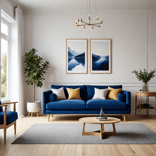 Royal blue sofa in clean Scandinavian living room with white walls and natural wood furniture