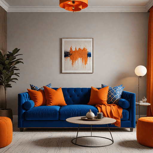 Royal blue sofa decorated with vibrant orange throw pillows and matching decor