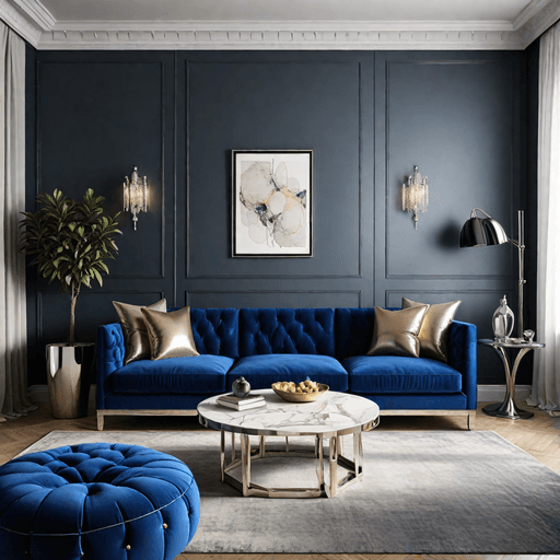 Royal blue sofa decorated with metallic silver pillows and accessories in contemporary setting