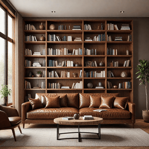 Floor-to-ceiling built-in wooden shelves in living room with brown leather couch