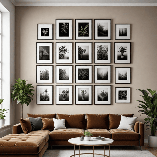 Gallery wall with white picture ledge shelves above brown velvet sofa