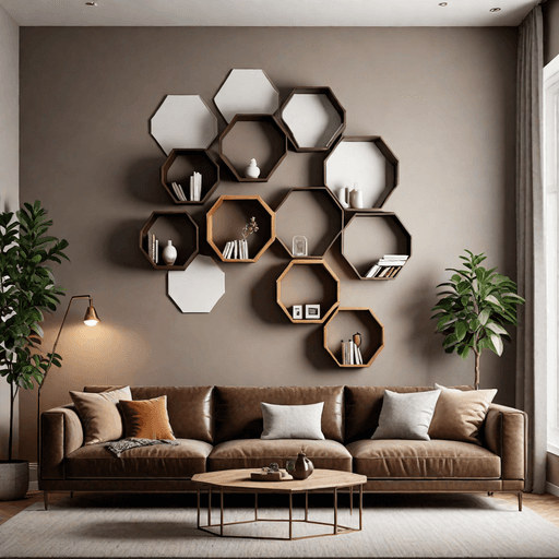 Modern geometric hexagon wall shelves arranged above brown couch