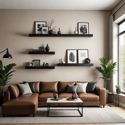 Modern industrial black metal floating shelves above brown sectional sofa
