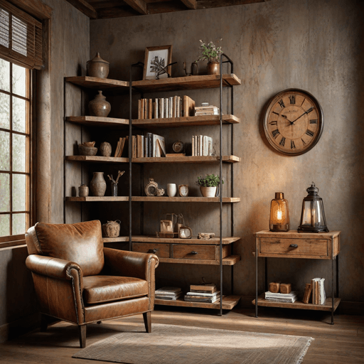 Rustic reclaimed wood corner shelving unit next to brown leather armchair