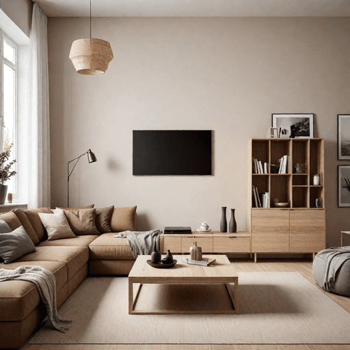 Scandinavian light wood cube storage system next to brown fabric sofa