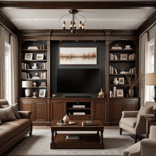 Traditional dark wood entertainment console with upper shelving below wall-mounted TV, brown couch visible