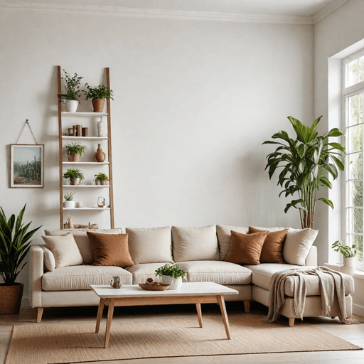 White ladder shelf leaning against wall next to brown sectional sofa