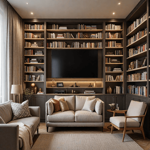 Slim recliner perfectly fitted between built-in shelving units