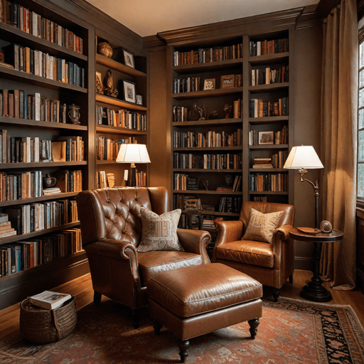 Cozy reading nook with recliner surrounded by floor-to-ceiling bookshelves