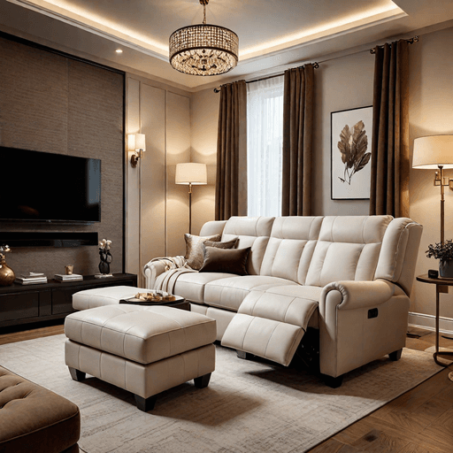 Coordinated recliner and storage ottoman set in cozy small living room