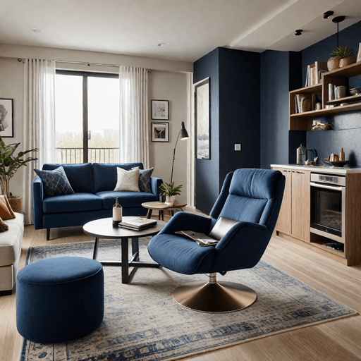 Modern swivel recliner used as room divider in open concept small living space