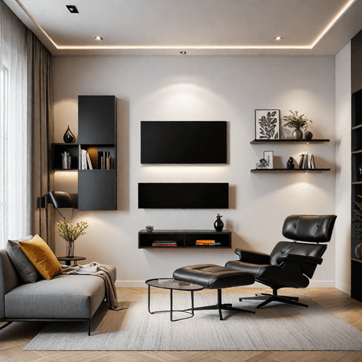 Modern wall-mounted floating recliner in minimalist small living room